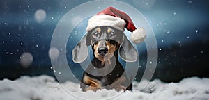 A cute dachshund dog standing chest deep in the snow, looking into the camera, wearing Santa Claus hat. Winter landscape, snow. photo