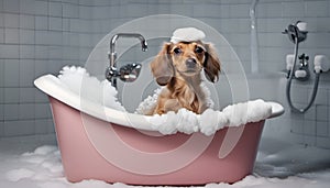 Cute dachshund dog taking a bath with foam.