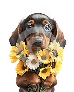 Cute dachshund puppy dog with a bouquet of yellow flowers for Mothers day or birthday present.