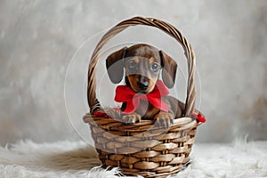 Cute dachshund puppy with red bow in basket, rustic brick wall on background