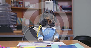 Cute dachshund puppy in school uniform and with backpack in shape of bee behind the back, who sits at the desk, licks