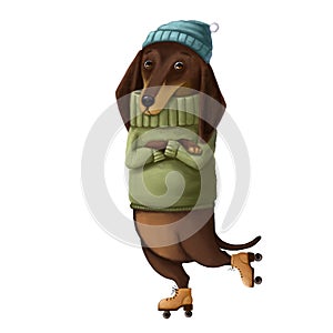 cute dachshund on rollers watercolor illustration, funny clipart with cartoon character