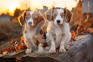 Cute dachsund puppy sitting on a wall, autumn foliage, dog animal