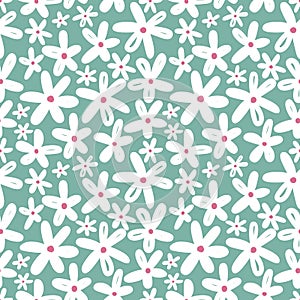 Cute daisy flowers seamless pattern on muted blue background. Vector illustration in spring colors
