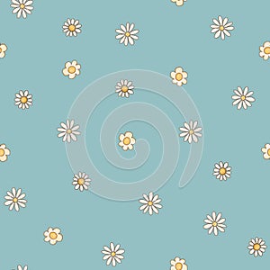 Cute daisy flowers summer seamless pattern on blue