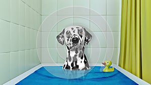 Cute dalmatian dog in the bath with duck toy