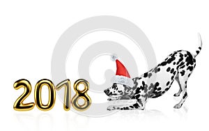 Cute dalmatian dog in Christmas hat near 2018. Isolated on white