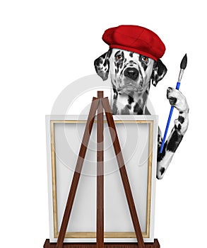 Cute dalmatian dog is a painter artist. Isolated on white