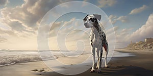 cute Dalmatian Dog posing on a beach vacation concept with dog with copy space. Generative AI