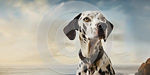 cute Dalmatian Dog posing on a beach vacation concept with dog with copy space. Generative AI