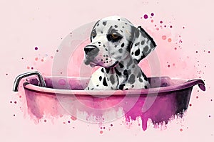 Cute dalmatian dog puppy in a pink bathtub