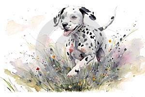 Cute dalmatian dog puppy running in a flower field