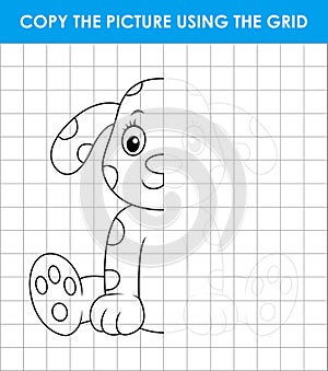 Cute dalmatian dog sitting. Grid copy game, complete the picture educational children game