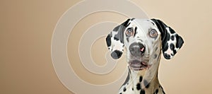 Cute Dalmatian Dog studio shot with pastel color background. Head shot of happy smiling Dalmatian dog, sitting up facing front.