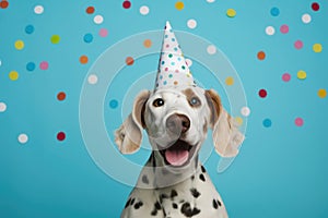 Cute Dalmatian dog wearing festive party hat. Perfect for celebrating birthdays, anniversaries, or