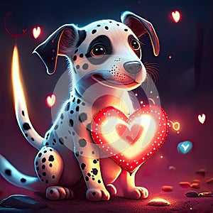 Cute Dalmatian hugging heart Dalmatian puppy with a heart. Valentine's Day. AI Generated