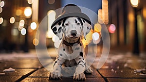 A cute Dalmatian puppy dog wearing a hat on blurred a snowy street background. Generative AI. photo