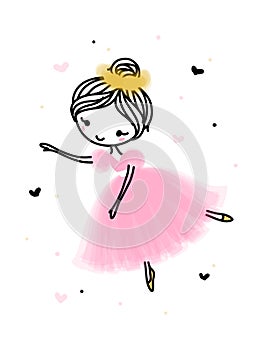 Cute dancing ballerina in pink transparent skirt. Hand drawn cartoon with adorable little ballet dancer. Simple vector