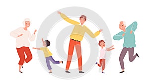 Cute dancing family. Elderly adult and children dencers characters. Happy grandparents and kids vector illustration
