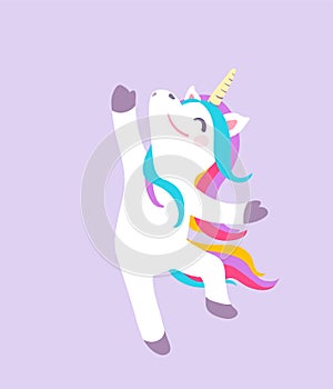 Cute dancing unicorn vector isolated on purple background. Cool patch illustration