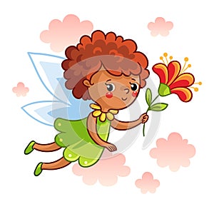 Cute dark-skinned fairy flying on the wings.