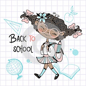 Cute dark-skinned girl with pigtails with a school backpack goes to school. Back to school. Vector