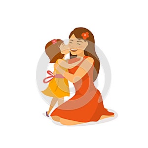 Cute daughter kissing and hugging her mom, mothers day greeting cartoon vector illustration