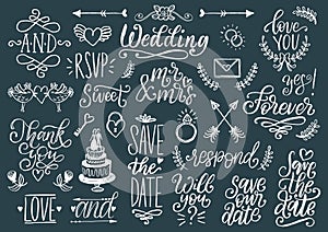 Cute decorations for wedding invitations, overlays with text Save the Date. Vector collection of handwritten catchwords.