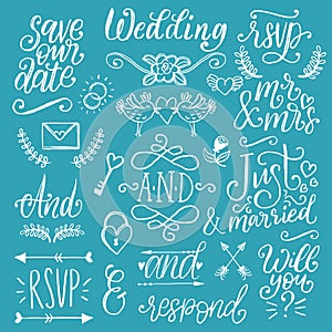 Cute decorations for wedding invitations, overlays with text Save the Date. Vector collection of handwritten catchwords.