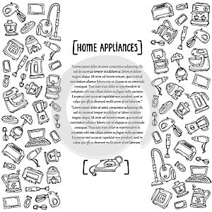 Cute decorative cover with hand drawn equipment on white background. Cover on the theme of home appliances and electronics