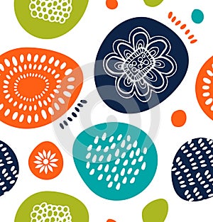 Cute decorative pattern in Scandinavian style. Abstract background with colorful simple shapes.