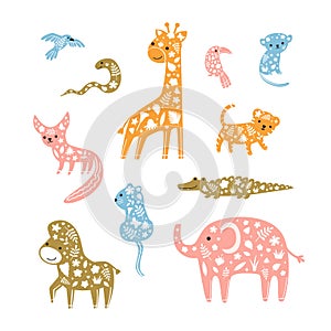 Cute decorative safari animals set. Vector illustration