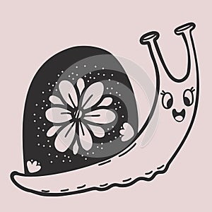 Cute decorative snail with flower. Linear hand drawing. Funny mollusk-snail. Vector illustration for decor, decoration