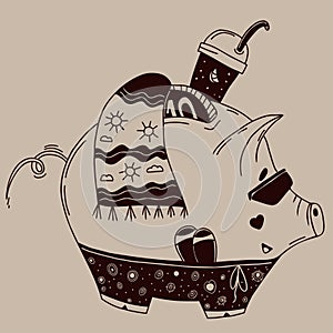 Cute decorative summer pig. Pig piggy bank with coin in sun glasses in beachwear with towel and cocktail. Vector