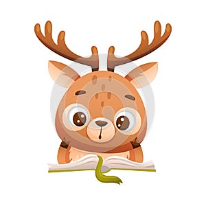 Cute Deer with Antler Reading Book in Hard Cover Enjoying Interesting Story Vector Illustration