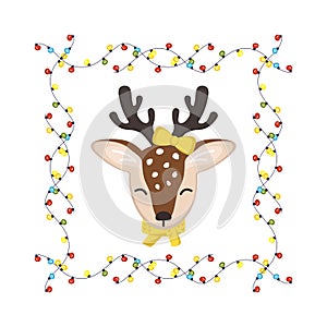 Cute deer in children style with festive decorations for Holiday, New Year and Christmas