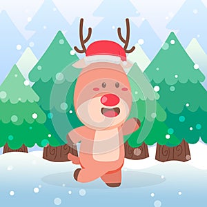 Cute Deer Christmas Character dancing on scene winter landscape