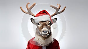 Cute deer in Christmas hat. Christmas illustration for greeting cards, flayers. Cartoon elk for the new year