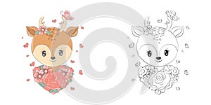 Cute Deer Clipart for Coloring Page and Illustration. Happy Clip Art Deer with Flower Bouquet. Vector Illustration of an