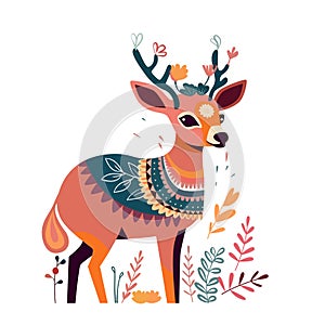 Cute deer with floral decorative ornament, forest animal with flowers growing on antlers