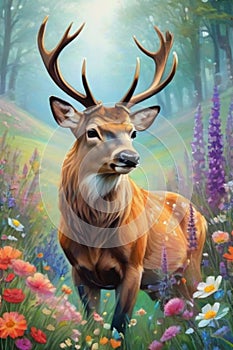 cute deer with flowers and grass background