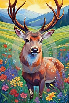 cute deer with flowers and grass background