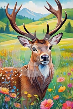 cute deer with flowers and grass background