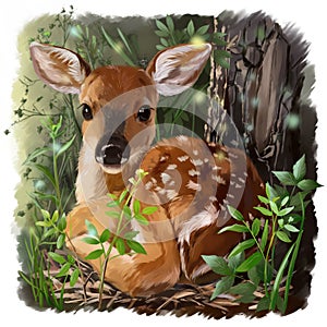 Cute deer lies in the grass. Watercolor drawing photo