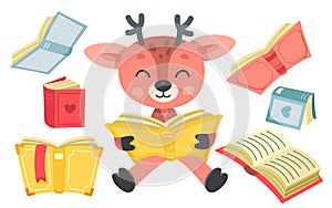 Cute deer reading, forest animal character with funny face sitting with open storybook