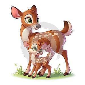 A cute deer with a small fawn, grass, in disney cartoon style, on white background, animal art, t-shirt prints