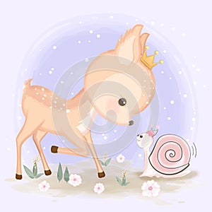 Cute deer and snail hand drawn animal illustration watercolor on purple