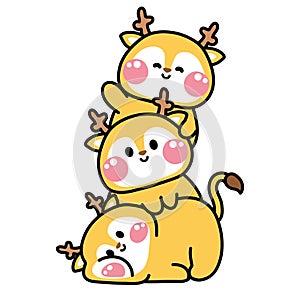 Cute deer stay on top each other greeting.Wild animal character cartoon design