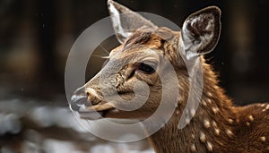 Cute deer in winter forest, close up portrait generated by AI