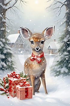 Cute deer in winter forest with gift boxes. Christmas card.